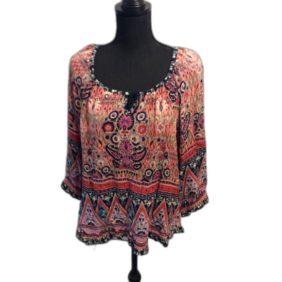 BoHo Large Bila Tunic Bright Floral prints 3/4 Gathered Sleeves - Picture 1 of 5